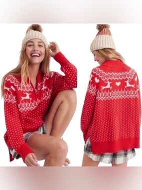 Aerie Reindeer Oversized Quarter Zip Sweater Red & White Women’s size Small